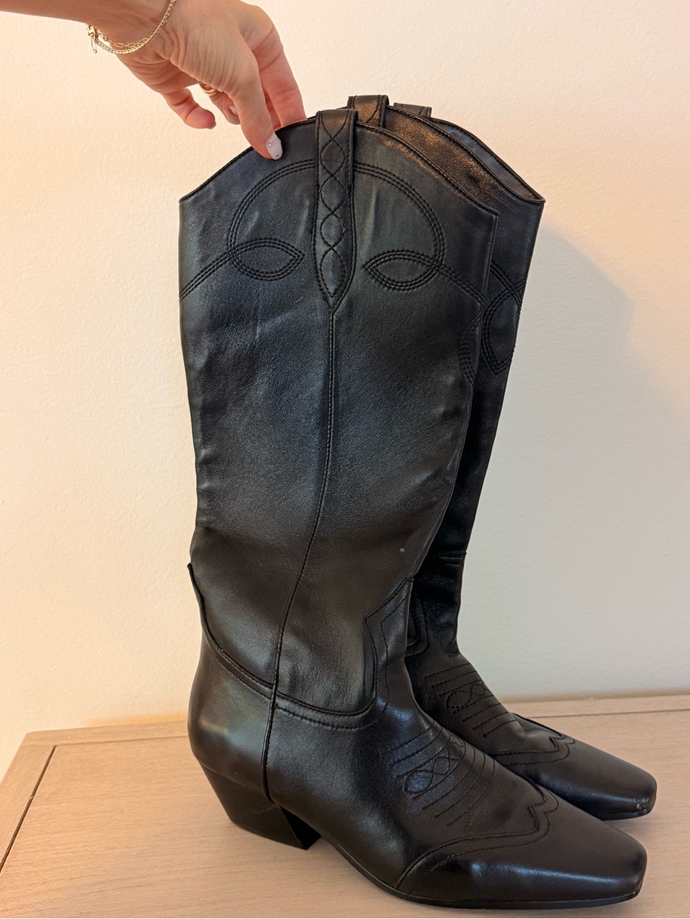 Black Leather Western Knee-High Boots